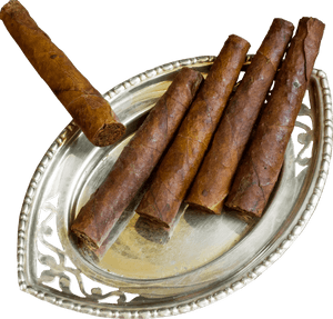 Five cigars on a decorative silver tray with intricate cutouts. — Tobacco Wallpaper