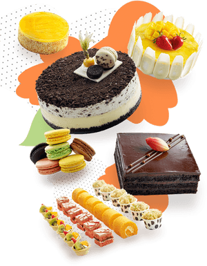 Una colorida variedad de pasteles, macarons y pasteles dispuestos sobre formas abstractas. — Postres de invierno Imagen Fondos de pantalla