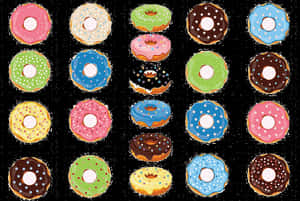 Grid of colorful cartoon donuts with sprinkles and glazes. — Donuts PNG