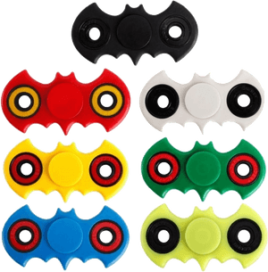 Six bat-shaped fidget spinners in red yellow green blue white and black colors. — Spinner PNG
