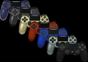 Six PlayStation 4 controllers in various colors arranged diagonally on a black background.