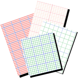 Four colored graph paper sheets fanned out on black background.
