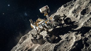 Een rover beklimt een rotsachtige asteroïdeklif tegen een sterrenhemel in een digitale schildering.