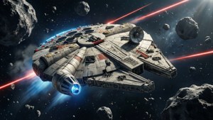 Millennium Falcon evading asteroids in deep space