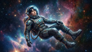 Sci-fi-konseptitaidetta Nam Joo-hyukista avaruuspuvussa leijumassa kosmisessa sumussa