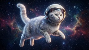 Maxwell katten som astronaut svævende i rummet med stjerner.