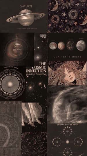 Celestial collage with planets moons zodiac charts and a mystical woman in sepia tones. — Astrology iPhone Picture