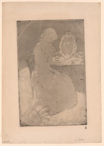 At the Dressing Table by Mary Cassatt, created c. 1880, in Soft ground and aquatint in black on cream laid paper. Download this artwork as a high-resolution wal — Illustration Background
