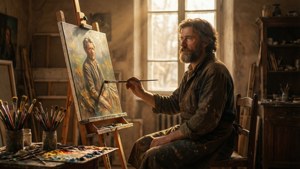 François Joseph Lonsing nel suo studio illuminato dal sole, circondato da strumenti d'artista e calda luce ambrata