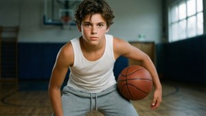 Gutters DP i treningsklær med basketball, sporty portrett