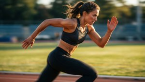 Energiegeladenes Wallpaper einer Läuferin mit starkem athletischen Körperbau im goldenen Licht der Stunde