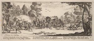 Attack on a Coach by Gerrit van Schagen, created c. 1642/1680, in etching and engraving on laid paper. Download this artwork as a high-resolution wallpaper for — Gerrit van Schagen Wallpaper