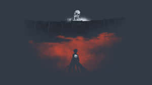 A warrior silhouette faces a red glowing void with a skeletal figure above on a dark structure. — Female Titan Wallpaper