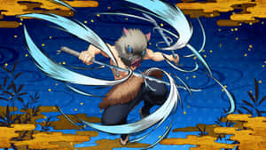 Wolf-headed anime warrior wielding swords amid swirling blue energy against a starry blue and gold patterned background. — Inosuke Pfp Picture