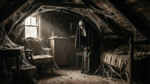 Een horror-achtergrond van The Nun die zich verstopt in een donkere zolder