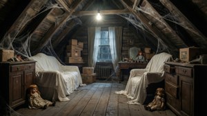 Staubiger Dachboden mit verhüllten Möbeln und unheimlichen Puppen.