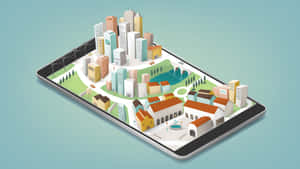 En smartphoneskärm visar en stiliserad 3d-stad med byggnader parker och vägar — Augmented Reality Bilder