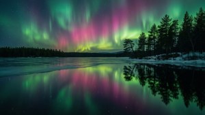 Perfekte Spiegelreflexion von Nordlichtern auf einem Kiruna-See.