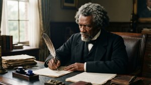 Frederick Douglass writing his memoirs with a quill pen in a softly lit 19th-century office.