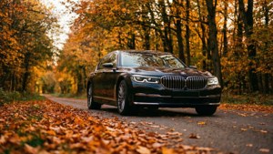BMW 7 Series kjører gjennom en livlig høstskogvei.