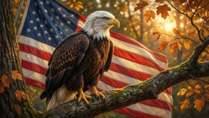 Amerikaanse zeearend op tak met vlag in herfstsetting