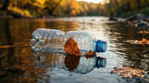 Une scène de rivière sereine gâchée par une seule bouteille en plastique, avec des couleurs automnales créant une ambiance mélancolique.