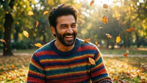 Emraan Hashmi lachend in een herfstpark
