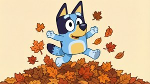 Bluey jumping into leaves in warm autumn SVG style.