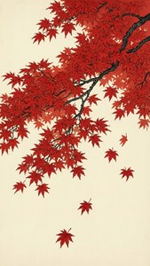 Wallpaper Nakamura Hōchū dari cabang maple merah di musim gugur, gaya potret