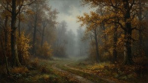 Hugo Henneberg -inspiroitu sumuinen syysmetsämaisemataustakuva