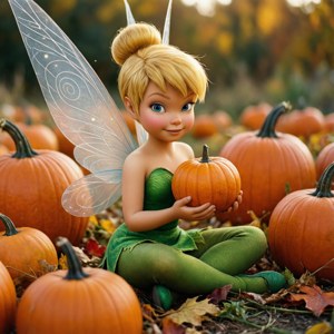 Tinkerbell håller en liten pumpa i ett vackert höstfält.