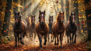 Zeven paarden racen door een kleurrijk herfstbos.