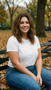 Ashley Graham dans un moment décontracté sur un banc de parc en automne