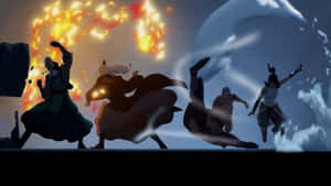 Vier Anime-Charaktere in Aktion, die Feuer- und Eiskräfte einsetzen. — Avatar Roku Wallpaper