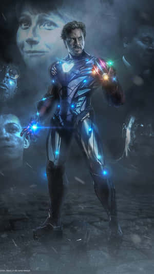 Iron Man in armor holding glowing gauntlet with ghostly faces behind him.