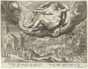 Avond by Adriaen Collaert, created 1570 - 1597, in paper; engraving. Download this artwork as a high-resolution wallpaper for desktop, tablet, or mobile.