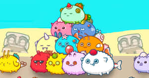 Stack of colorful cartoon monsters on a beach with stone heads in background. — Axie Wallpaper