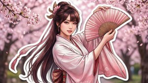 Autocollant élégant d'Ayaka avec des fleurs de cerisier et un éventail.