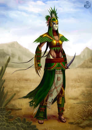 A warrior woman in green and gold armor stands in a desert with mountains and cacti.