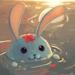 A blue bunny with a red maple leaf swims in water at sunset.
