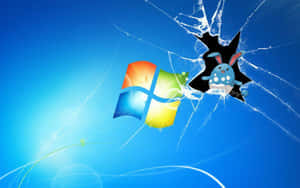 Un lapin de dessin animé traverse un logo Windows brisé sur un fond bleu. — Bureau Esthétique Grunge Fonds d'écran