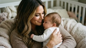 Een teder moment van Chrissy Teigen die haar baby knuffelt.