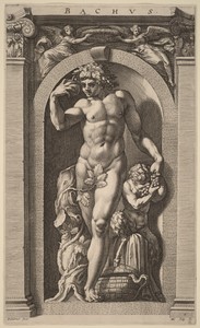 Bacchus by Hendrick Goltzius, created probably 1592, in engraving. Download this artwork as a high-resolution wallpaper for desktop, tablet, or mobile. — Hendrick Goltzius Wallpaper