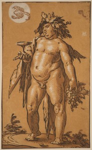 Bacchus by Hendrick Goltzius, created c. 1595, in chiaroscuro woodcut in gold and two shades of brown on laid paper. Download this artwork as a high-resolution — Art Picture