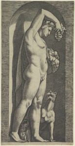 Bacchus by Marco Dente, created 1498 - 1532, in paper; engraving. Download this artwork as a high-resolution wallpaper for desktop, tablet, or mobile. — Marco Dente Wallpaper