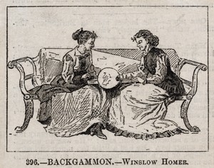 Backgammon by Winslow Homer, created c. 1877, in wood engraving. Download this artwork as a high-resolution wallpaper for desktop, tablet, or mobile. — Winslow Homer Wallpaper