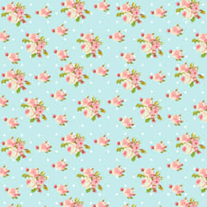 Pastel blue wallpaper with pink roses and white polka dots.