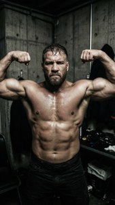 Shirtless Brian Cage flexes backstage in gritty black and white.