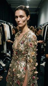 Intimes Backstage-Porträt eines Models in einem kunstvollen Seidenkleid vor einer Show.