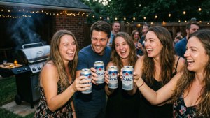 Venner som feirer med Busch Beer-bokser på en bakgårdsgrillfest.